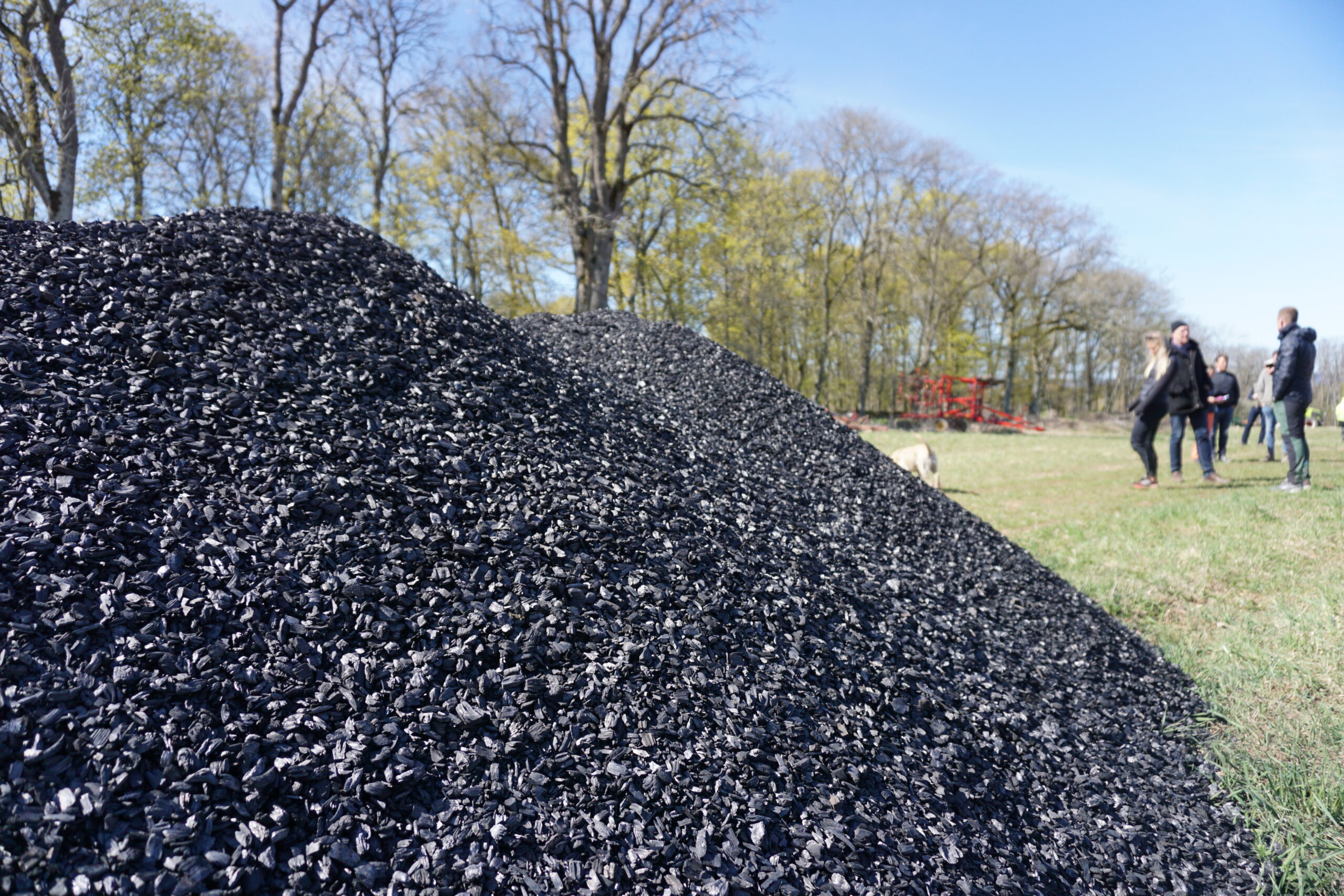 Stor hög av svart biokol ligger i förgrunden på en gräsplan, medan en liten grupp människor står och samtalar i bakgrunden vid träd och jordbruksutrustning under klar blå himmel.