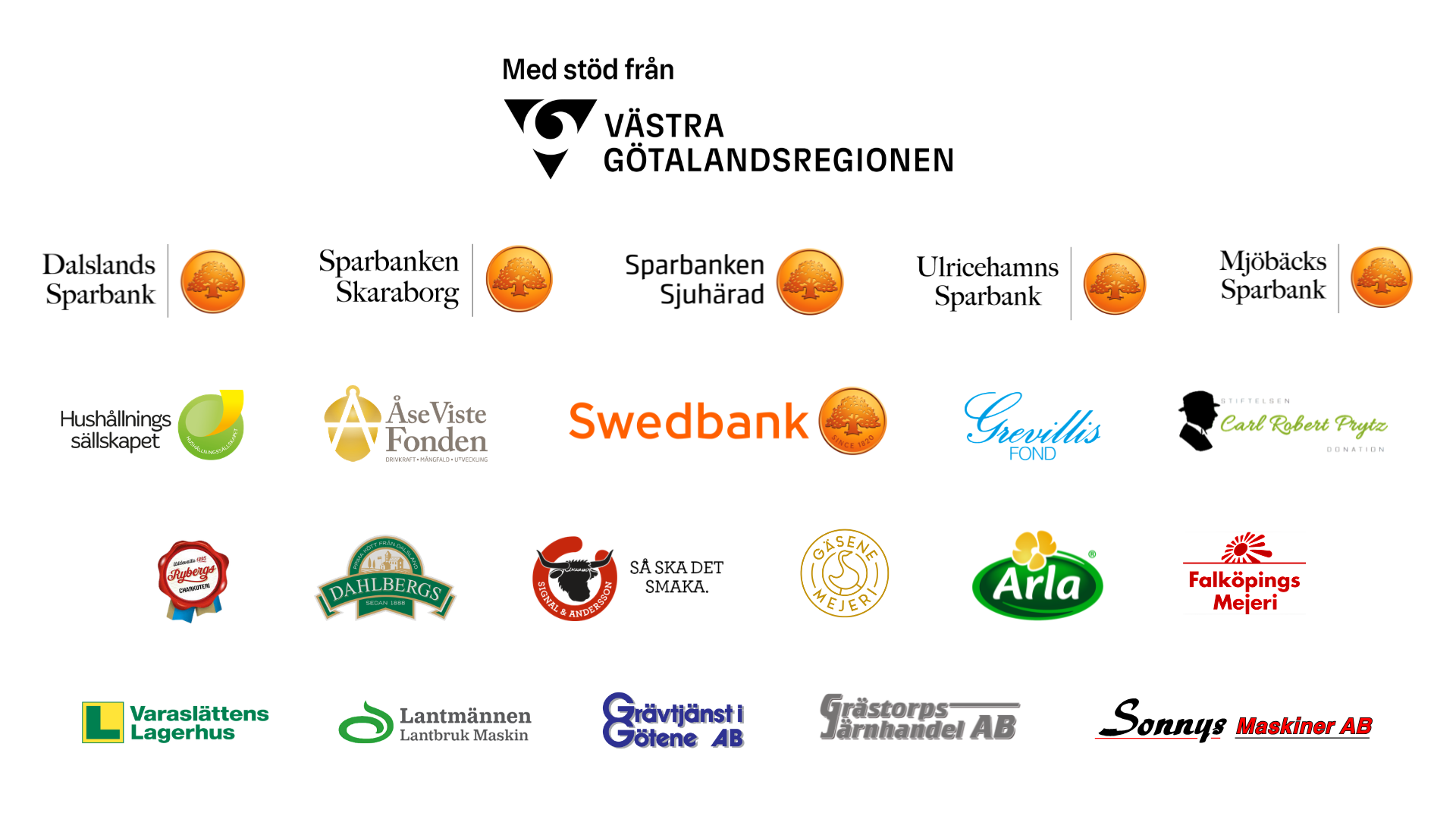 Logosamling som listar finansiärer och stöd: “Med stöd från Västra Götalandsregionen”. Därefter visas Dalslands Sparbank, Sparbanken Skaraborg, Sparbanken Sjuhärad, Ulricehamns Sparbank, Mjöbäcks Sparbank, Swedbank, Grevillis fond, Arla, Falköpings Mejeri och flera.
