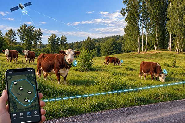 Hand håller en smartphone med karta som spårar kor, medan flera brunvita kor betar på en grön äng. Ikoner visar satellitkoppling och blå signaler runt djuren, som om de övervakas via GPS.