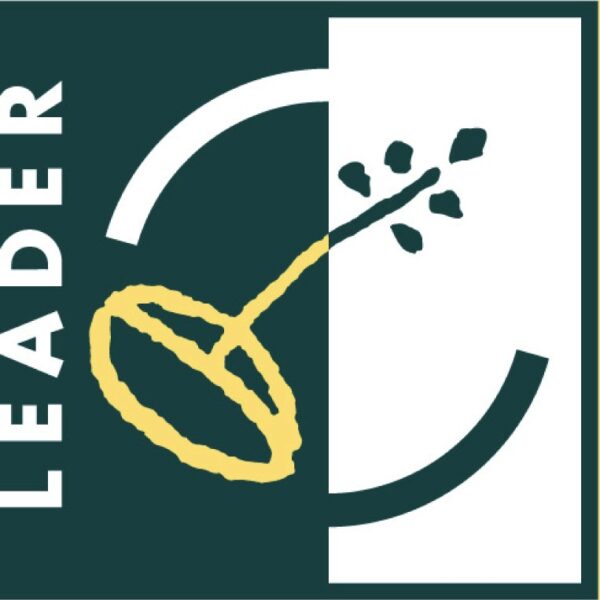 Logotyp med texten “LEADER” vertikalt till vänster. En stiliserad gul maskros med frön flyger från en cirkelform, på mörkgrön och vit bakgrund, som symboliserar utveckling och spridning.