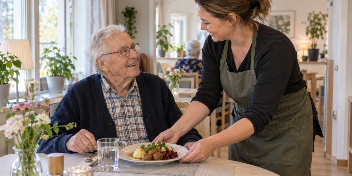 Kvinnlig vård- eller restaurangpersonal i förkläde serverar en tallrik mat till en leende äldre man vid ett bord. De har ögonkontakt i en ljus matsal med blommor, levande ljus och andra gäster i bakgrunden.