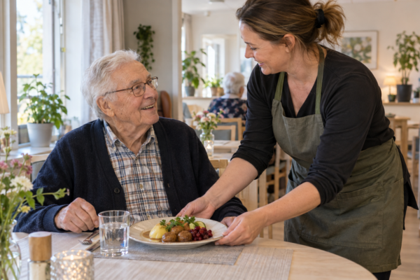 Kvinnlig vård- eller restaurangpersonal i förkläde serverar en tallrik mat till en leende äldre man vid ett bord. De har ögonkontakt i en ljus matsal med blommor, levande ljus och andra gäster i bakgrunden.