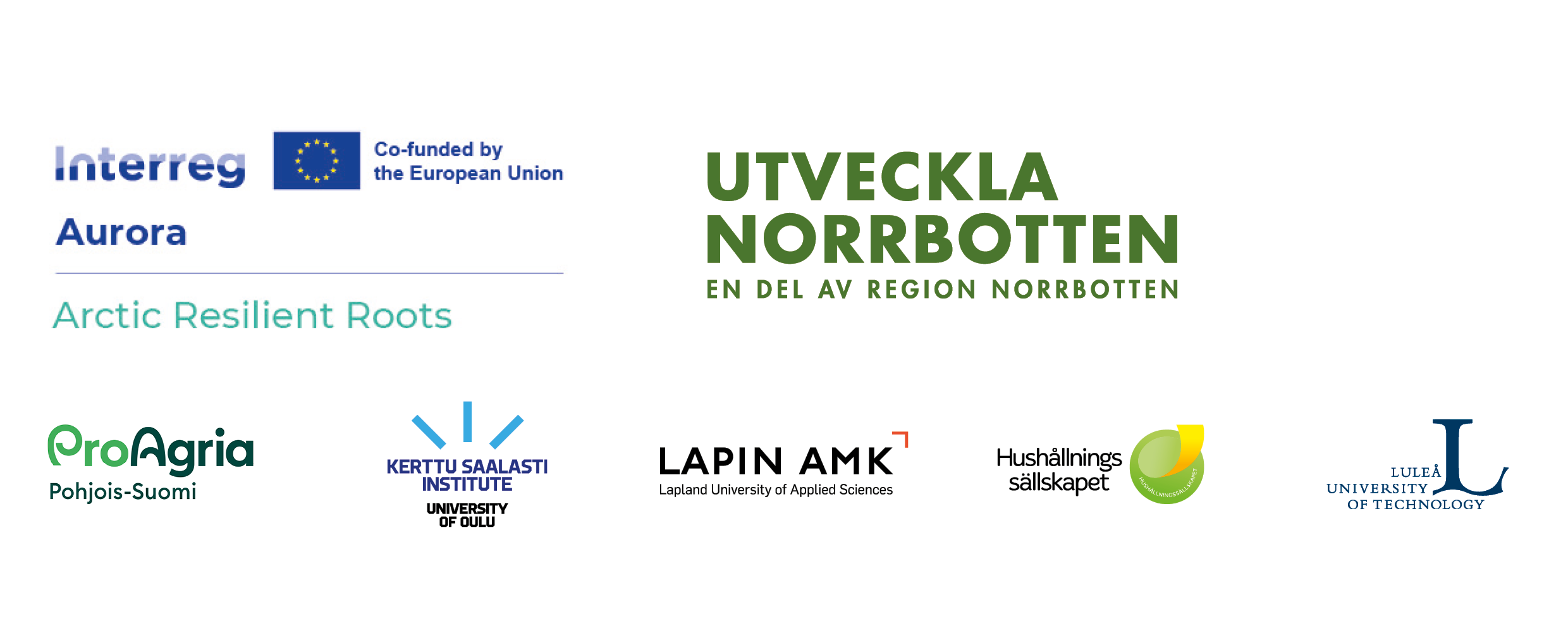 Samling logotyper som visar projekt- och partnerorganisationer: “Interreg Aurora”, EU-flagga med texten “Co-funded by the European Union” samt “Arctic Resilient Roots”, “UTVECKLA NORRBOTTEN – EN DEL AV REGION NORRBOTTEN”, ProAgria, Kerttu Saalasti Institute/University of Oulu, LAPIN AMK, Hushållningssällskapet och Luleå University of Technology.