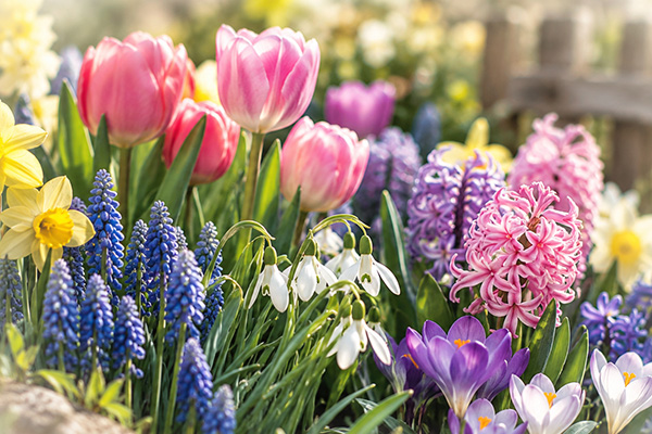 Färgstarka vårblommor blommar tätt i en rabatt: rosa tulpaner reser sig över blå pärlhyacinter, vita snödroppar och lila krokus, med rosa hyacinter i bakgrunden i mjukt solsken.