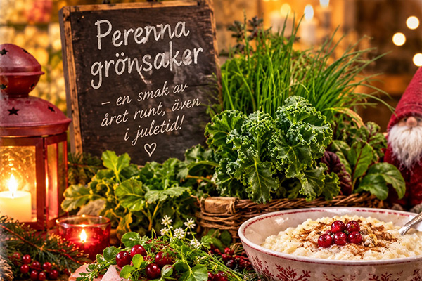 Skylten “Perenna grönsaker – en smak av året runt, även i juletid!” står bakom grönkål och andra bladgrönsaker, medan en skål gröt med lingon och nötter ligger i förgrunden bredvid tända ljus och juldekorationer.