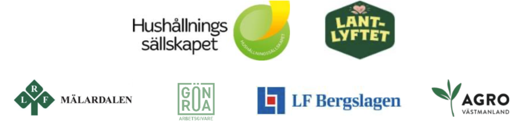 Fem logotyper presenteras i en rad på vit bakgrund: “Hushållningssällskapet”, “LANT-LYFTET”, “LRF MÄLARDALEN”, “GÖRA ARBETSGIVARE”, “LF Bergslagen” samt “AGRO VÄSTMANLAND” med grön växtsymbol.