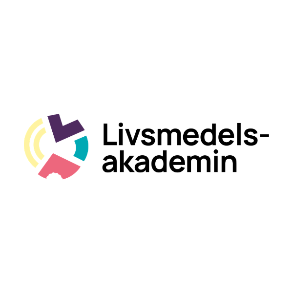 Logotyp för Livsmedels-akademin med texten ”Livsmedels-akademin” i svart. Till vänster syns en rund symbol med färgade segment i lila, turkos och rosa samt gula bågar, på vit bakgrund.