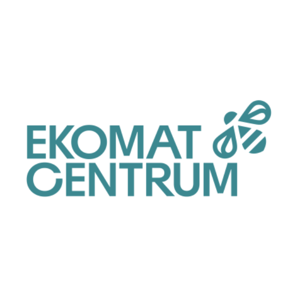 Logotyp med texten ”EKOMAT CENTRUM” i turkos, placerad till vänster, och en stiliserad ikon till höger som liknar en bladformad rosett, mot vit bakgrund.